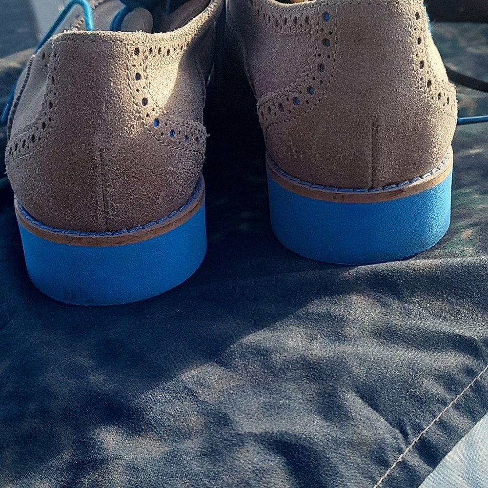 Cole Haan Beige Suede Brogue Flats with Bright Blue Laces - Picture 4 of 5